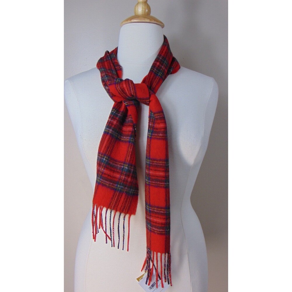 New Edinburgh Tartan Plaid Scarf 100% Lambswool Red Fringe 64" x 4" Unisex